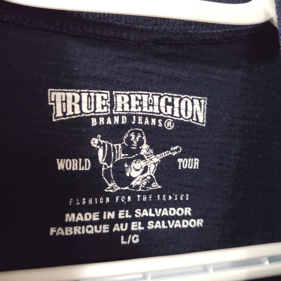 True Religion - Navy and Red Striped tee with Embroidered Logo on chest - Large - Picture 3 of 9
